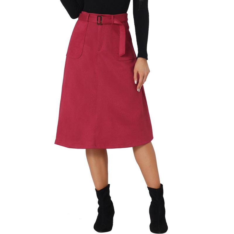 Allegra K Women's Casual Faux Suede Pockets Stretch A-line Midi Skirt with Belt, 1 of 6