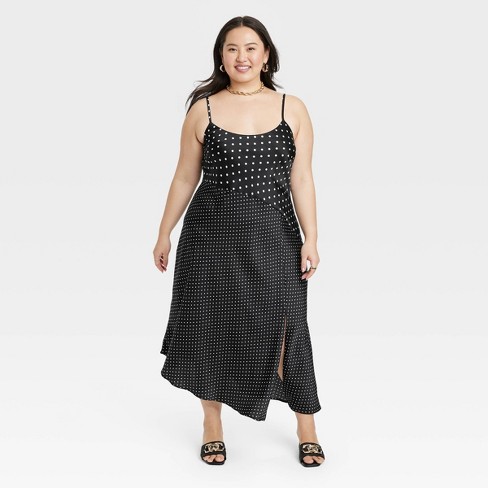 Women's Asymmetrical Midi Slip Dress - A New Day™ Black Polka Dots