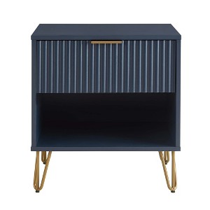 Gulches 20" Midnight Blue Fluted Nightstand, 1 Full Extension Drawer with Gold Metal Handles & Legs, MDF Bedside Table (20.07"L x 17.73"D x 21.65"H) - 1 of 4