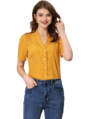 Allegra K Women's Heart-Shaped Polka Dots V Neck Short Sleeve Button Down Vintage Blouse