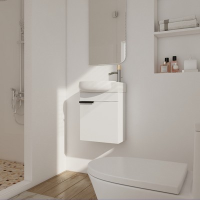 ALEXOUN 16'' Wall Mounted Bathroom Vanity with Single Oval Ceramic Sink,with 1 Soft Close Doors and White Ceramic Sink Top  For Small Bathroom