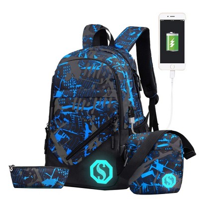 Teenage Boy Girl Unisex Multifunctional School Bag Backpack with Florescent Mark(20L, USB ColorG 3 Sets)