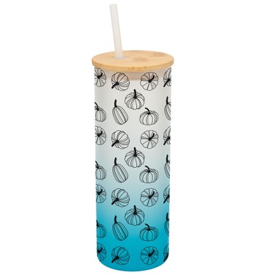 Elanze Designs Fall Pumpkin Autumn Season Wrap-Around Design 25 Ounce Frosted Gradient Glass On-The-Go Coffee Travel Skinny Tumbler Mug Cup, Bamboo