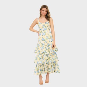 August Sky Women's Floral Adjustable Straps Ruffle Tiered Midi Dress - 1 of 4