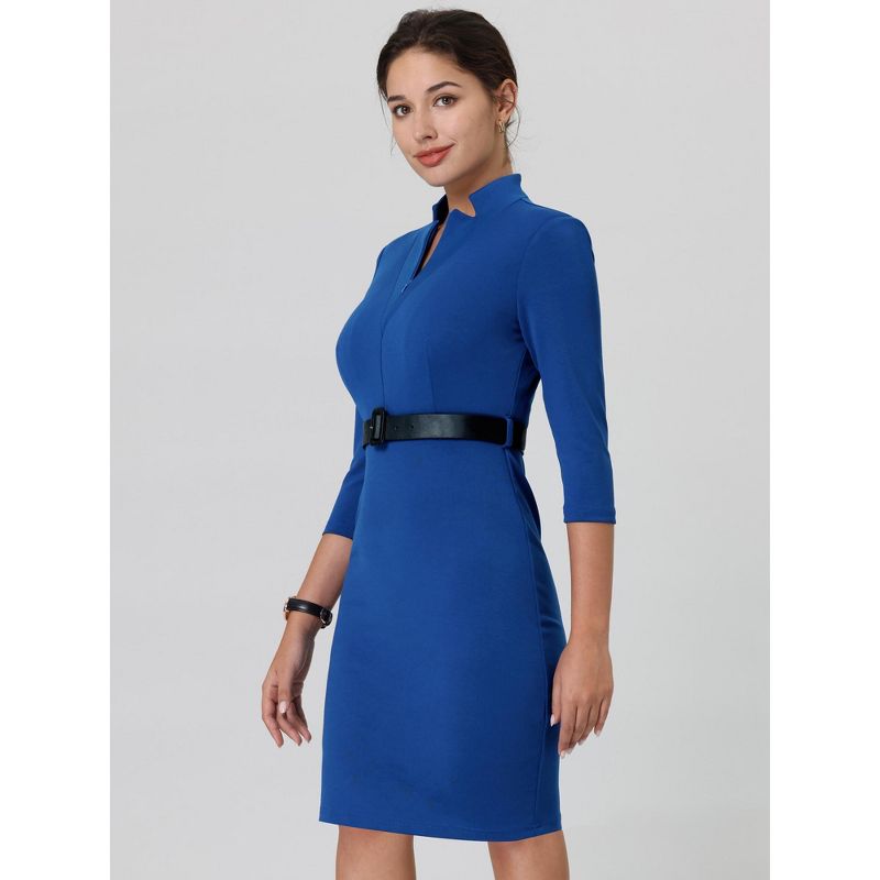 Hobemty Women's Business Stand Collar Zipper Neck 3/4 Sleeve Pencil Dresses, 4 of 6