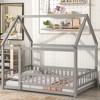 Full Size House Floor Bed With Roof Fence Guardrails Easy Assembly Multifunctional Playhouse Bed - 4 of 4