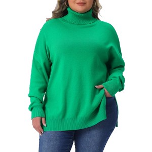 Women's Plus Size Turtle Neck Long Sleeve Knit Side Slit Casual Loose Pullover Sweater - Agnes Orinda - 1 of 4