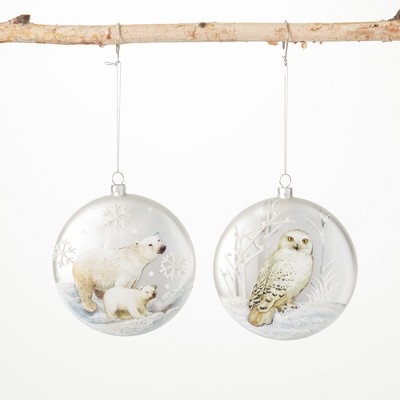 Shimmer Animal Disc Ornaments White 5"H Glass Set of 2