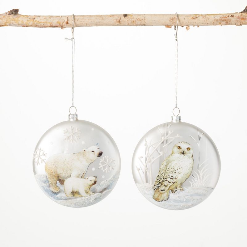 Shimmer Animal Disc Ornaments White 5"H Glass Set of 2, 1 of 3