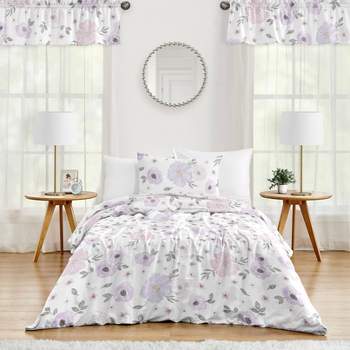 Sweet Jojo Designs Lavender Purple, Pink, Grey and White Shabby Chic Watercolor Floral Girl Full / Queen Teen Childrens Bedding Comforter Set - 3