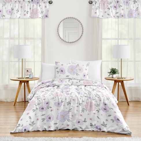 4pc Watercolor Floral Twin Kids' Comforter Bedding Set Lavender