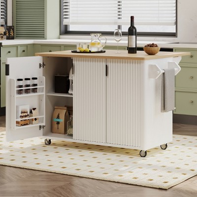 51" Fluted Kitchen Island with Drop Leaf, Rolling Kitchen Island With Storage, Kitchen Island on Wheels with Towel Rack for Kitchen Dining Room