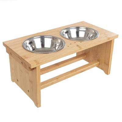Elevated Bamboo Dog Feeding Station with Stainless Steel Bowls