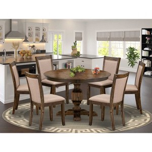 HomeStock 7 Piece Kitchen Table Set, Dinner Table and 6 Dark Khaki Linen Fabric Chairs with High Back - Distressed Jacobean Finish - 1 of 4