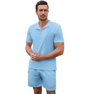BLUEMING Mens Athletic Sets Mock Neck Quater Zip T-Shirts with Drawstring Pocketed Shorts 2 Piece Lounge Sets - 1 of 4