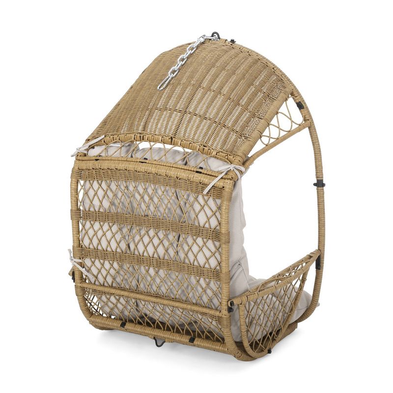 Greystone Indoor/Outdoor Wicker Hanging Chair with 8&#39; Chain - Light Brown/Beige - Christopher Knight Home, 4 of 11