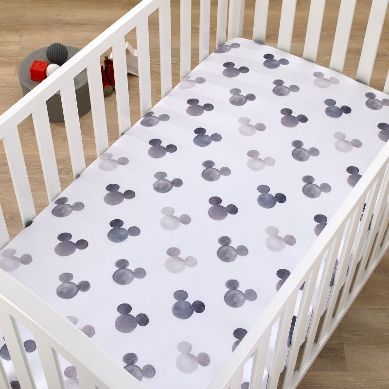 Disney Mickey Mouse - Black, White and Gray Watercolor Mickey Ears Nursery Fitted Crib Sheet, 2 of 6