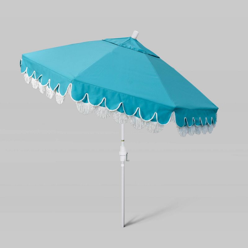 9' Scallop Base and Fiberglass Ribs Fringe Market Patio Umbrella with Crank Lift - White Pole - California Umbrella, 3 of 5