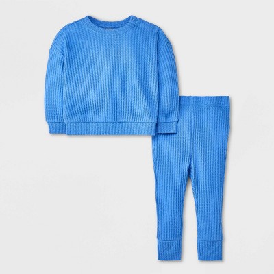 Image of Baby Long Sleeve Waffle Top & Bottom Set - Cat & Jack™ Blue 3-6M
