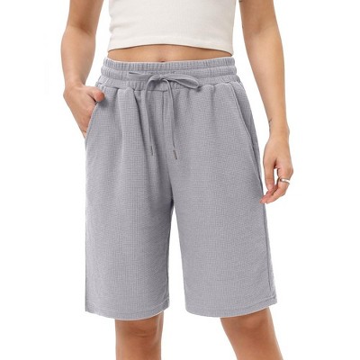 Women's Bermuda Shorts with Zipper Pockets Casual Summer Drawstring Jersey Shorts Elastic Waist Comfy Waffle Shorts