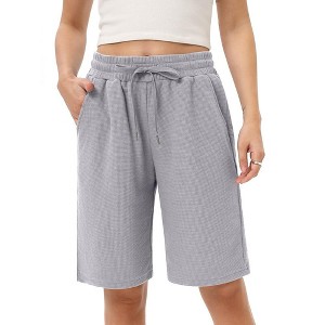 Women's Bermuda Shorts with Zipper Pockets Casual Summer Drawstring Jersey Shorts Elastic Waist Comfy Waffle Shorts - 1 of 4