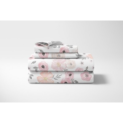 Blush Pink and Grey Floral Microfiber Queen Sheet Set