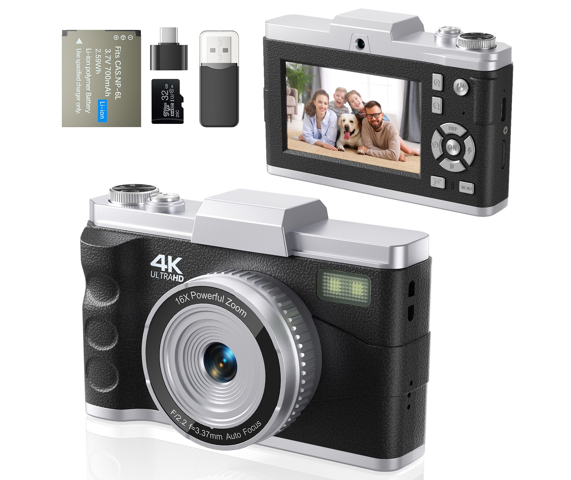SUGIFT 4K Digital Camera with 64MP Autofocus, 3.0 Inch Flip Screen, 16X Zoom, Dual Lens Vlogging Camera with Filters, Timer and 32GB Card Included