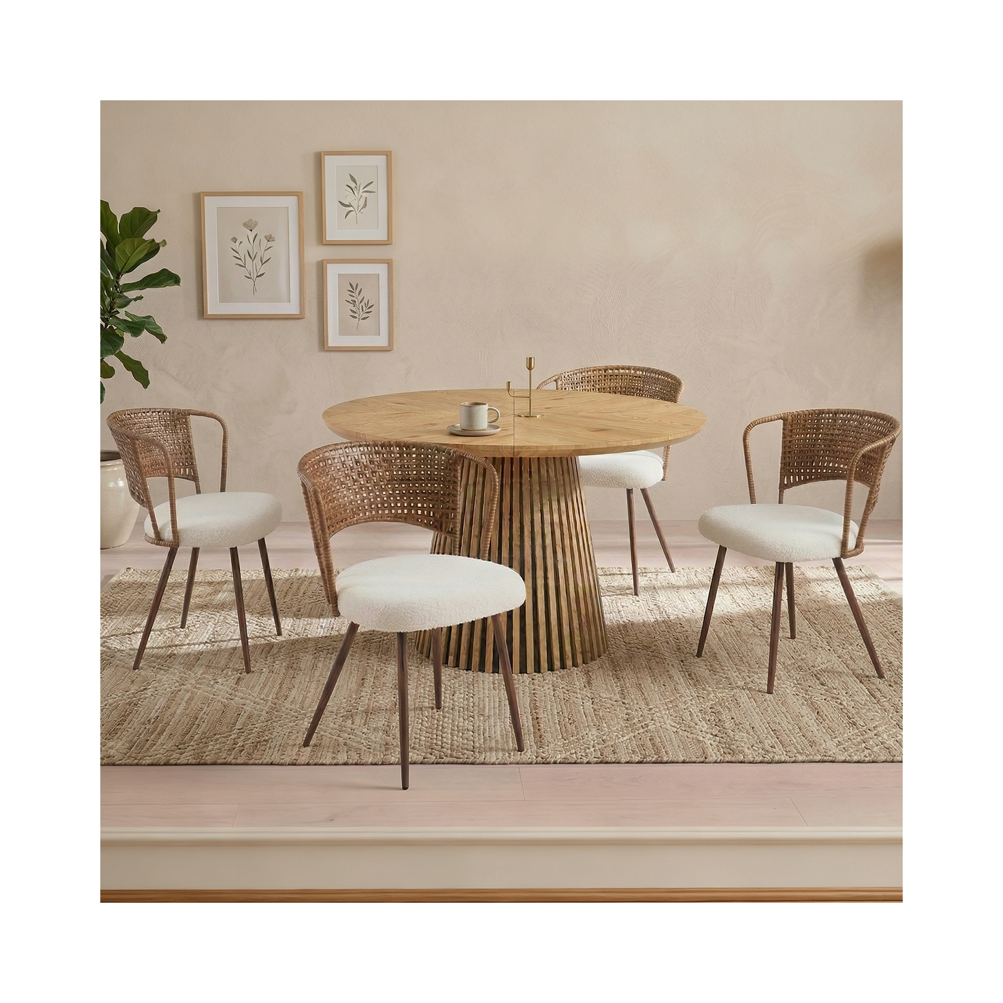 GDFStudio Joaquin Bohemian Iron Dining Chairs with Curved Rattan Back and Cushion (Set of 4), Beige/Dark Walnut
