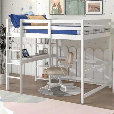 NicBex Full Size Loft Bed with Desk Pine Bed Frame with Open Storage Shelves, Ladder and Full Length Guardrail, No Box Spring Required