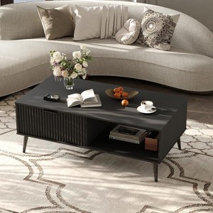 Coffee Table with Storage, 2-Tier Wooden Coffee Table with Sliding Door, Solid Wood Legs, for Living Room, Home & Office - 1 of 4