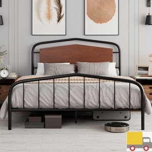 Garvee Bed Frame with Rustic Wooden Headboard and Footboard, Heavy Duty Metal Platform, 12" Under Bed Storage, Noise-Free, No Box Spring Needed - 1 of 4