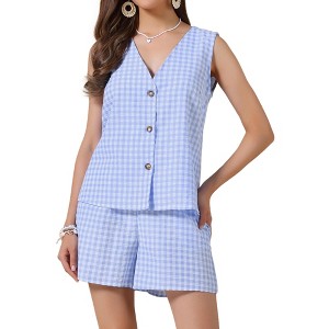 INSPIRE CHIC Women's 2 Pieces Shorts Suit Set Gingham Summer V Neck Sleeveless Waistcoats And Shorts - 1 of 4