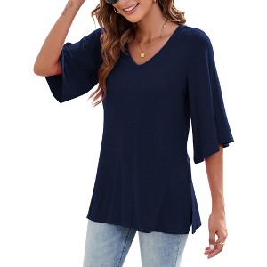 Women's 3/4 Bell Sleeve V Neck Loose Fit Tunic Tops - 1 of 4