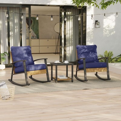Sonkuki 3-Piece Patio Bistro Set, Rocking Chair Modern Patio Furniture Sets with Side Table and Cushions