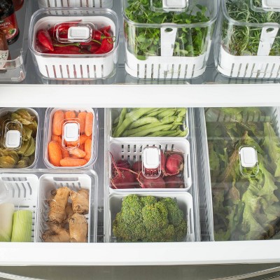 OU Fridge Organizer Bin with Drain Basket & Vented Lid, 5.3qt Clear Stackable Refrigerator Storage Bin, Produce Kitchen Storage Container, BPA Free — фото 5