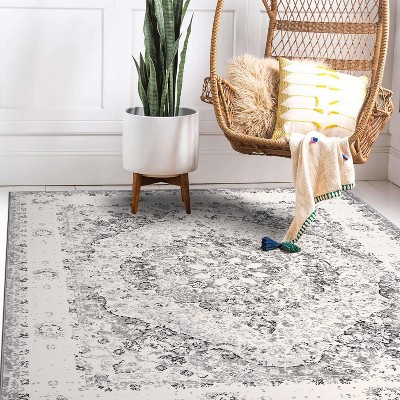 Gray Rectangular Synthetic Reversible Medallion Area Rug
