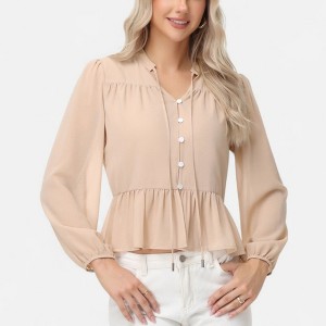 Anna-Kaci Women's Long Sleeve Button Front Peplum Blouse with V-Neckline and Gathered Waist Detail - 1 of 4