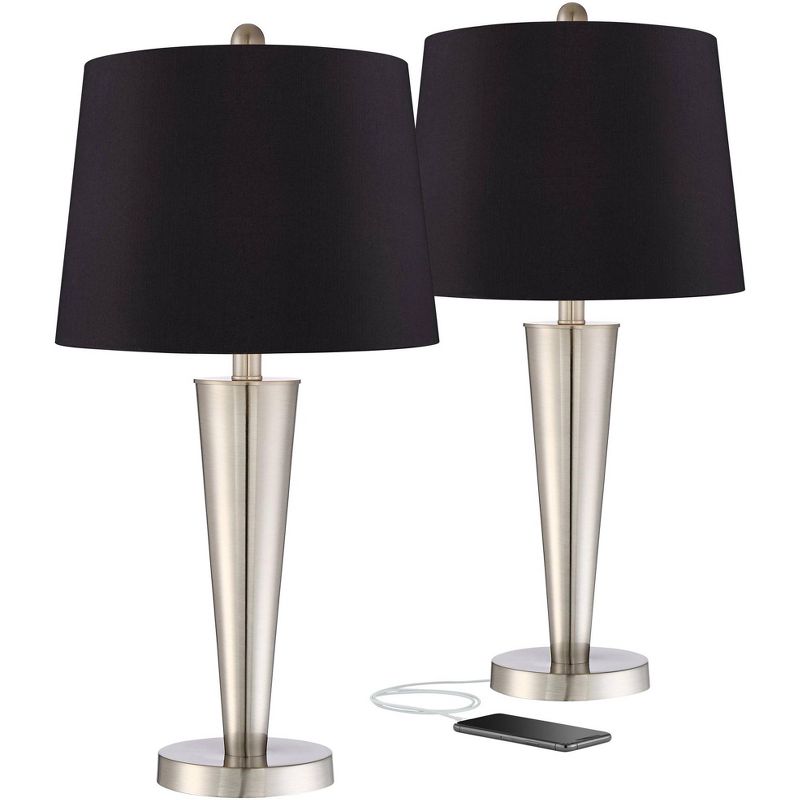 360 Lighting Geoff Modern Table Lamps 26" High Set of 2 Brushed Nickel with USB Charging Port Black Faux Silk Drum Shade for Bedroom Living Room Desk, 1 of 6