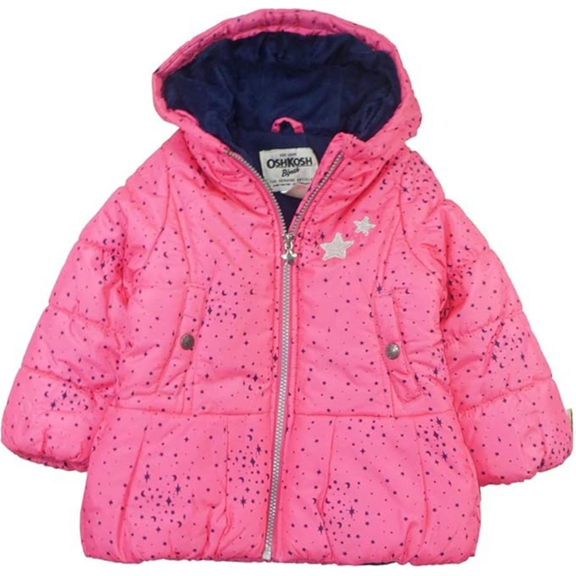 OshKosh B'Gosh Infant Girls' Midweight Fleece Lined Puffer Coat, Pink-Navy Stars, 12 Months
