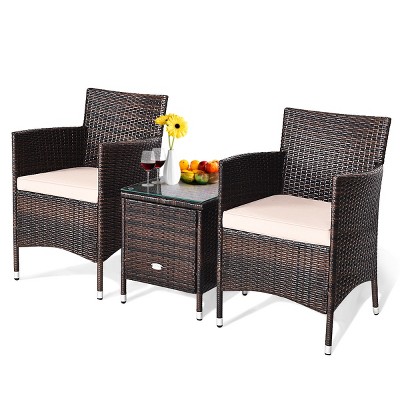 Beige PE Rattan Wicker 3-Piece Outdoor Furniture Set with Cushions