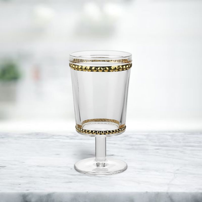 American Atelier 13-Ounce Wine Glasses Set of 4 Vintage Style Wine Goblets, Gold Beaded Design, Dishwasher Safe Glassware, 13 oz., 4 of 9