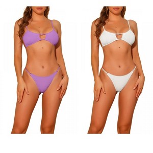 Elerevyo Women's 2 Piece Ribbed Solid Color Bikini Sets, Spaghetti Strap Backless Swimwear Bathing Suit Swimsuit 2 Sets - 1 of 4