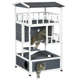 PawHut Wooden Outdoor Cat House, Feral Cat Shelter Kitten Tree with Asphalt Roof, Escape Doors, Condo, Jumping Platform - 1 of 4