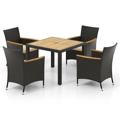 Black and Brown Acacia Wood Rattan Patio Dining Set for Four