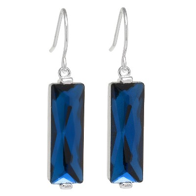 Silver Plated Brass Rectangular Dark Blue Crystal Drop Earrings