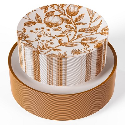 Elegant White and Brown Floral Disposable Plastic Plate Set