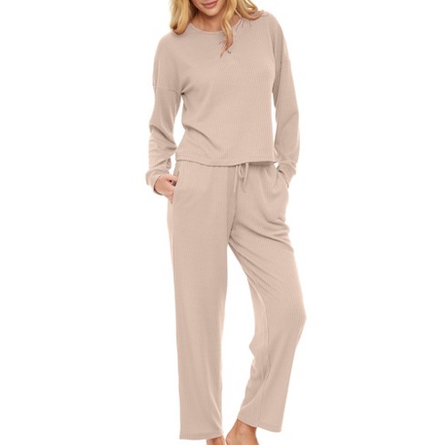 ADR Women's Ribbed Knit Pajamas Set Set with Pockets, Drop Shoulder  Sleepshirt and Pajama Thermal Underwear Pants Ivory X Large