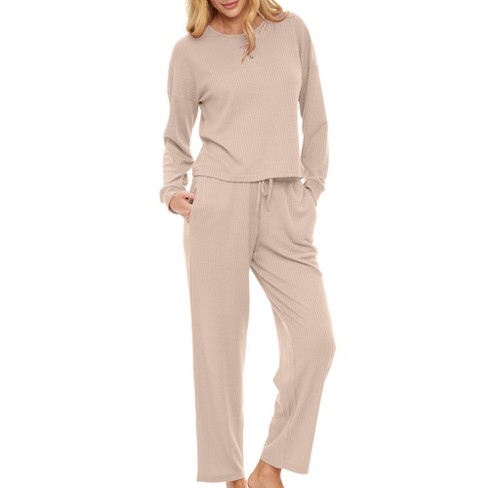 Adr Women's Ribbed Knit Pajamas Set, Button Down Drop Shoulder Top