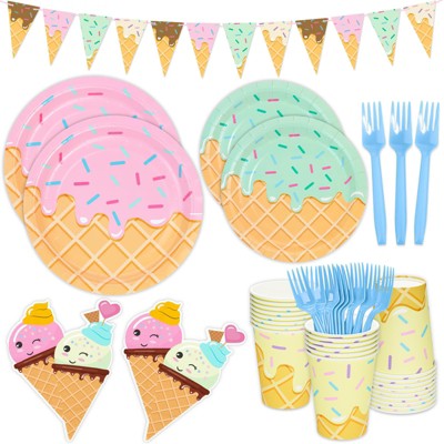 DYLIVeS 132 Pcs Ice Cream Birthday Party Supplies,Ice Cream Disposable Tableware Set Party Table Decorations,9'' and 7'' Plates,Napkins,Cups,Forks