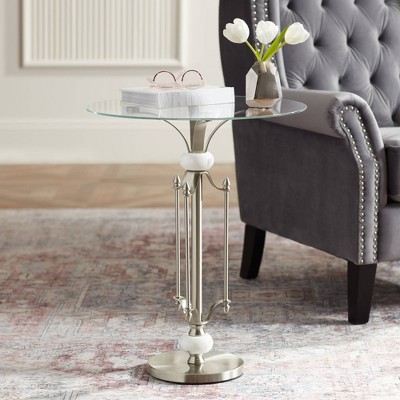 Modern Brushed Nickel 24" Round Metal Accent Table with Marble Accents